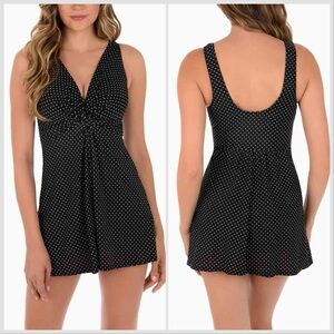 Miraclesuit Pin Point Marais One Piece Swim Dress Black White Polka Dot Sz 10